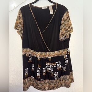 Liz & Co. Black Blouse with Gold Geometric Design